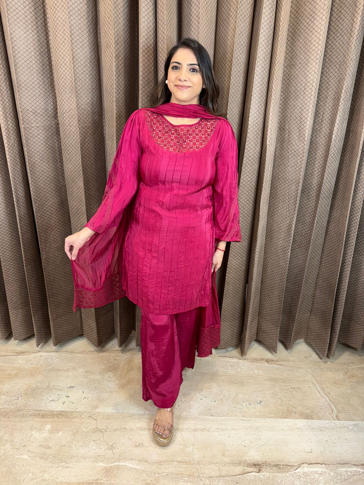 Wine Embroidered Kurta Set with Bell Botts & Dupatta