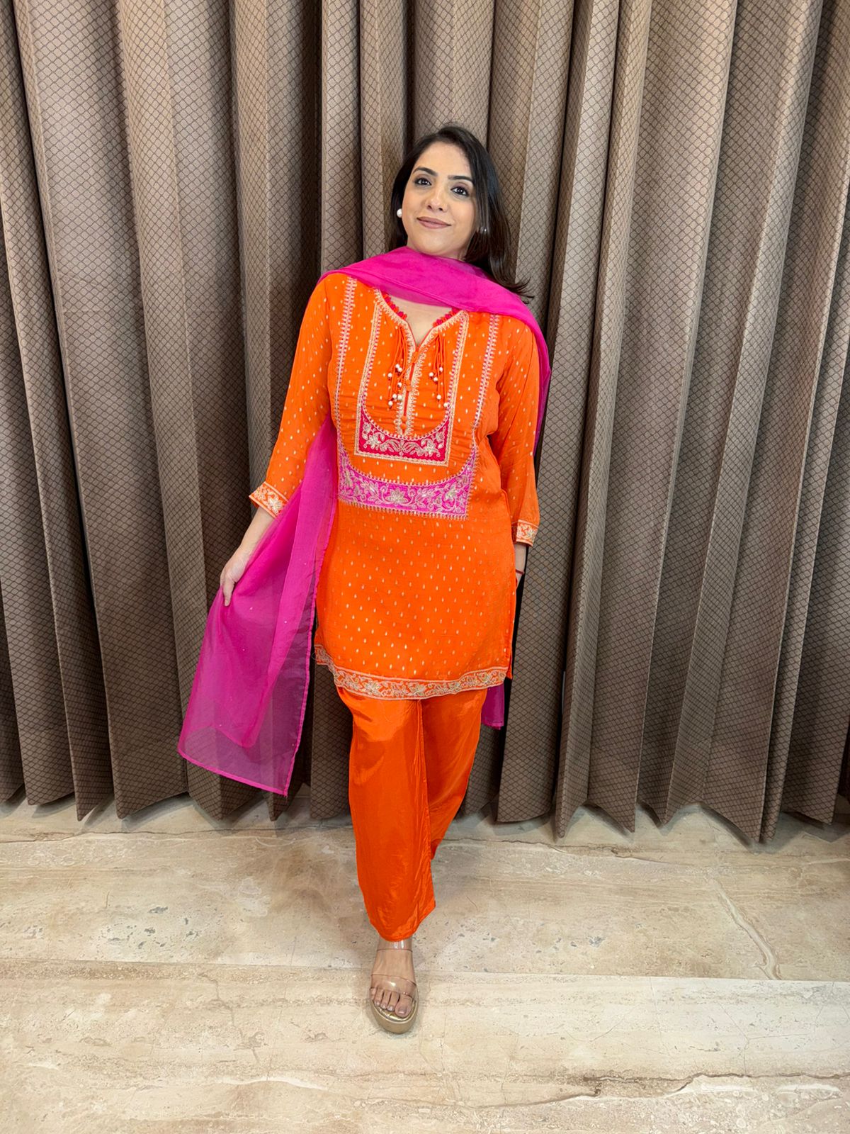 Orange Embroidered Kurta Set with Pink Dupatta