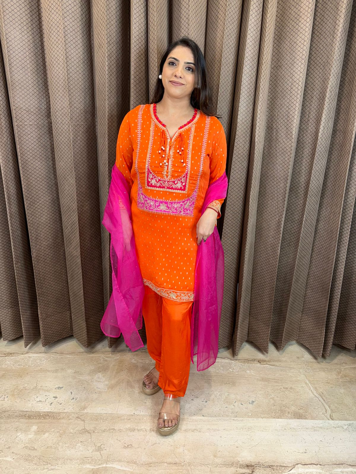 Orange Embroidered Kurta Set with Pink Dupatta