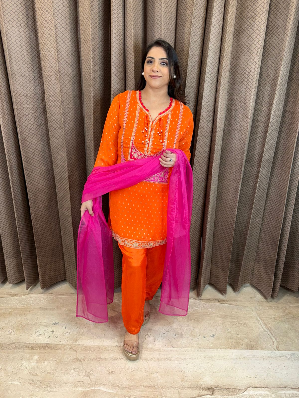 Orange Embroidered Kurta Set with Pink Dupatta