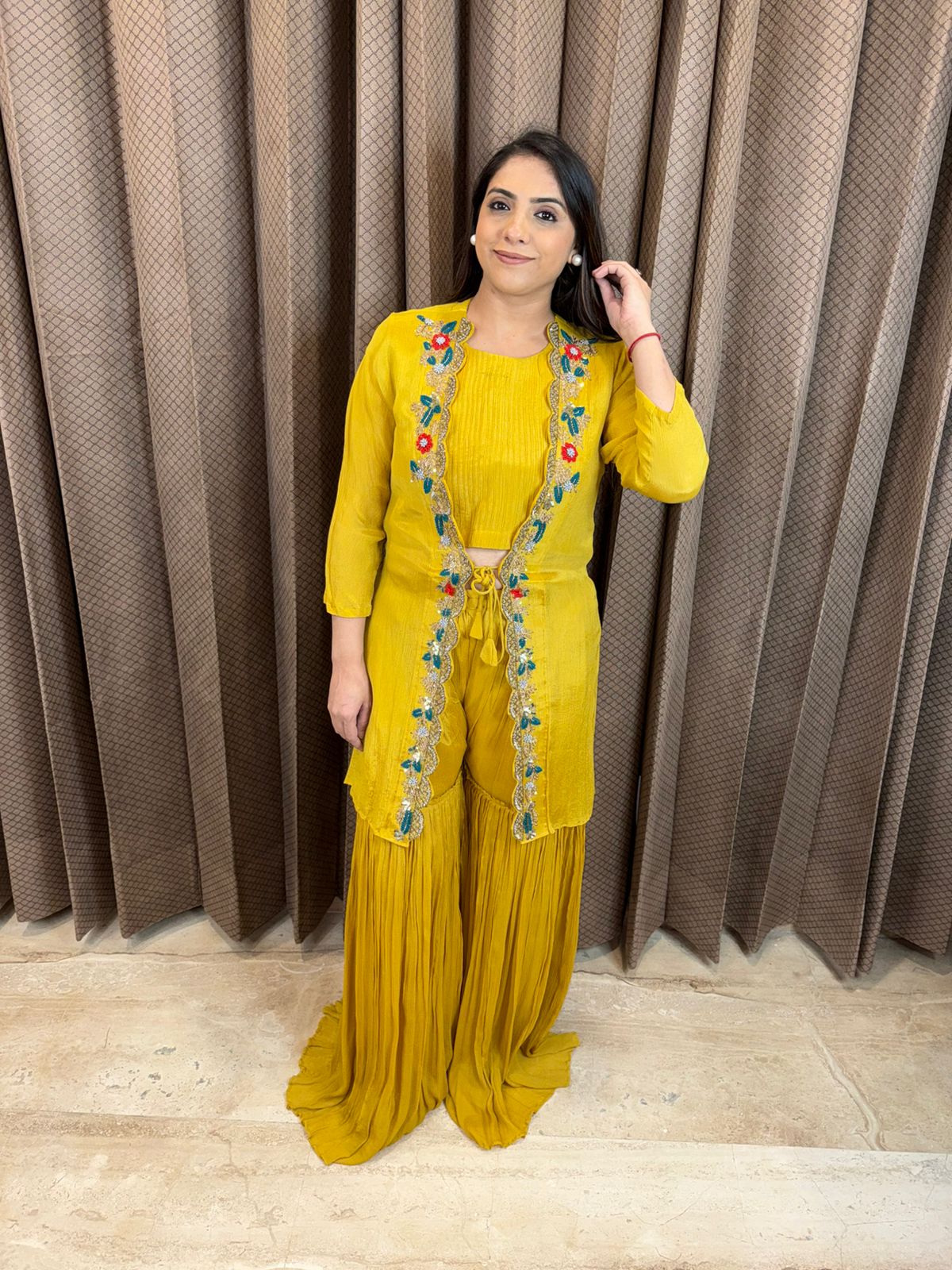 Yellow Embroidered Jacket Style Indo-Western Set