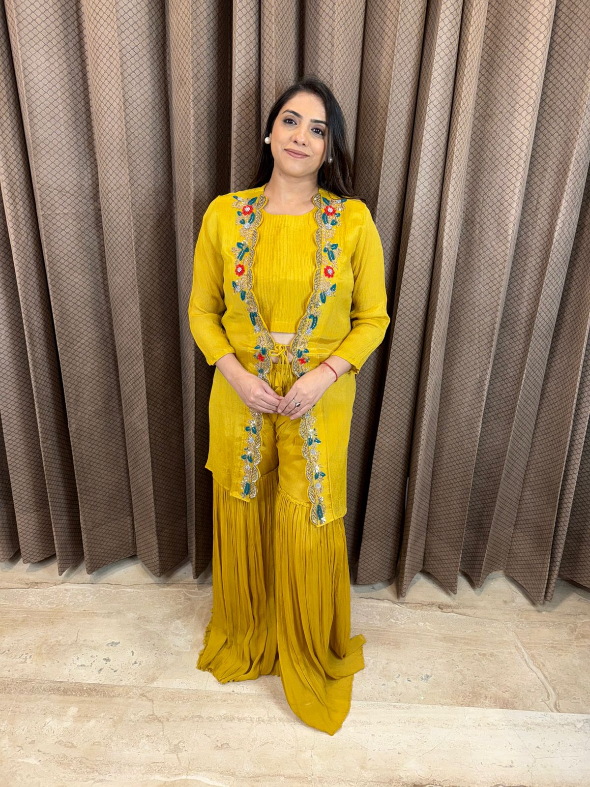 Yellow Embroidered Jacket Style Indo-Western Set