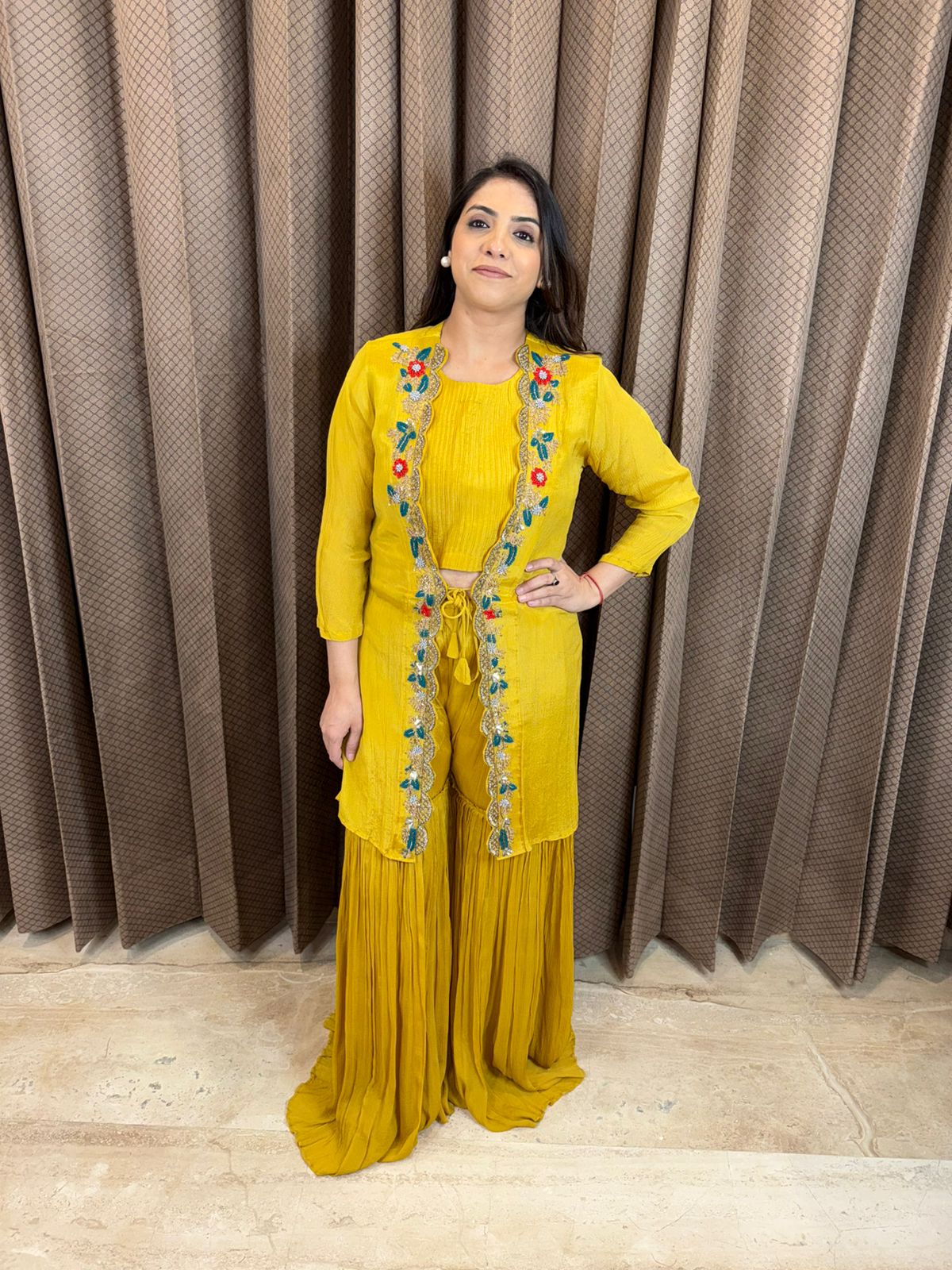 Yellow Embroidered Jacket Style Indo-Western Set