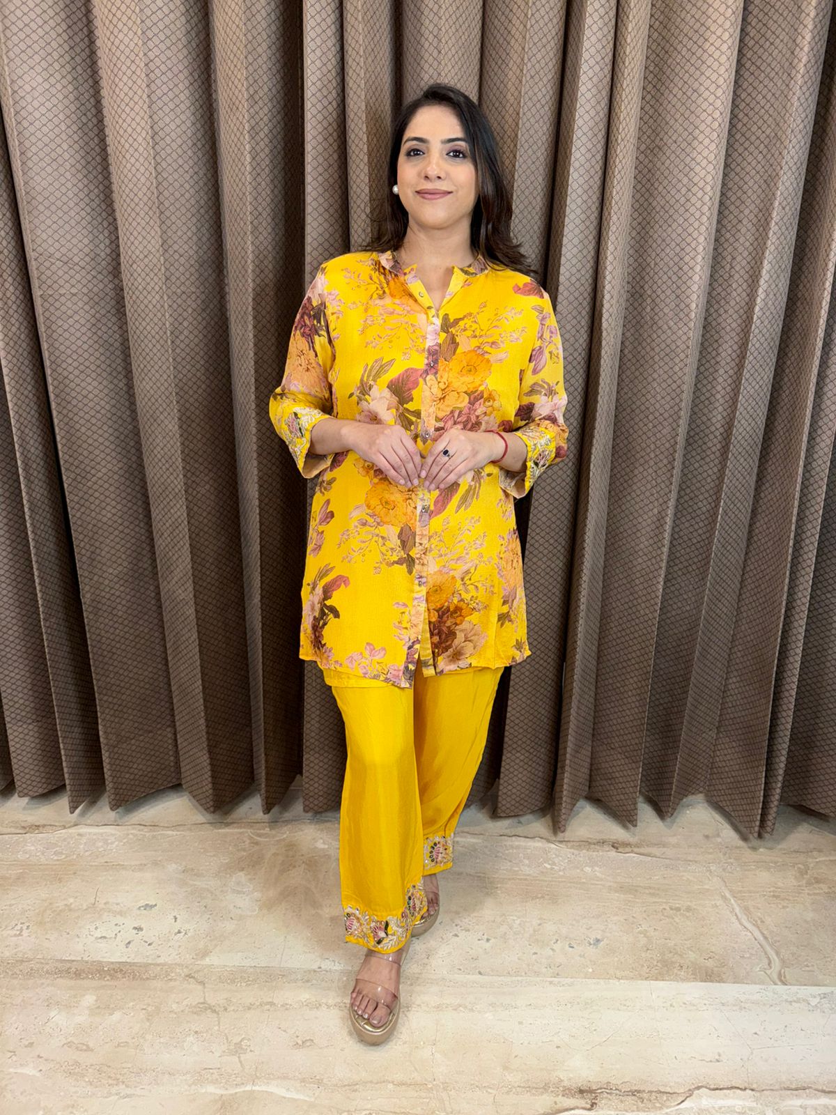 Sunshine Yellow Floral Printed Co-ord Set with Embroidered Hem