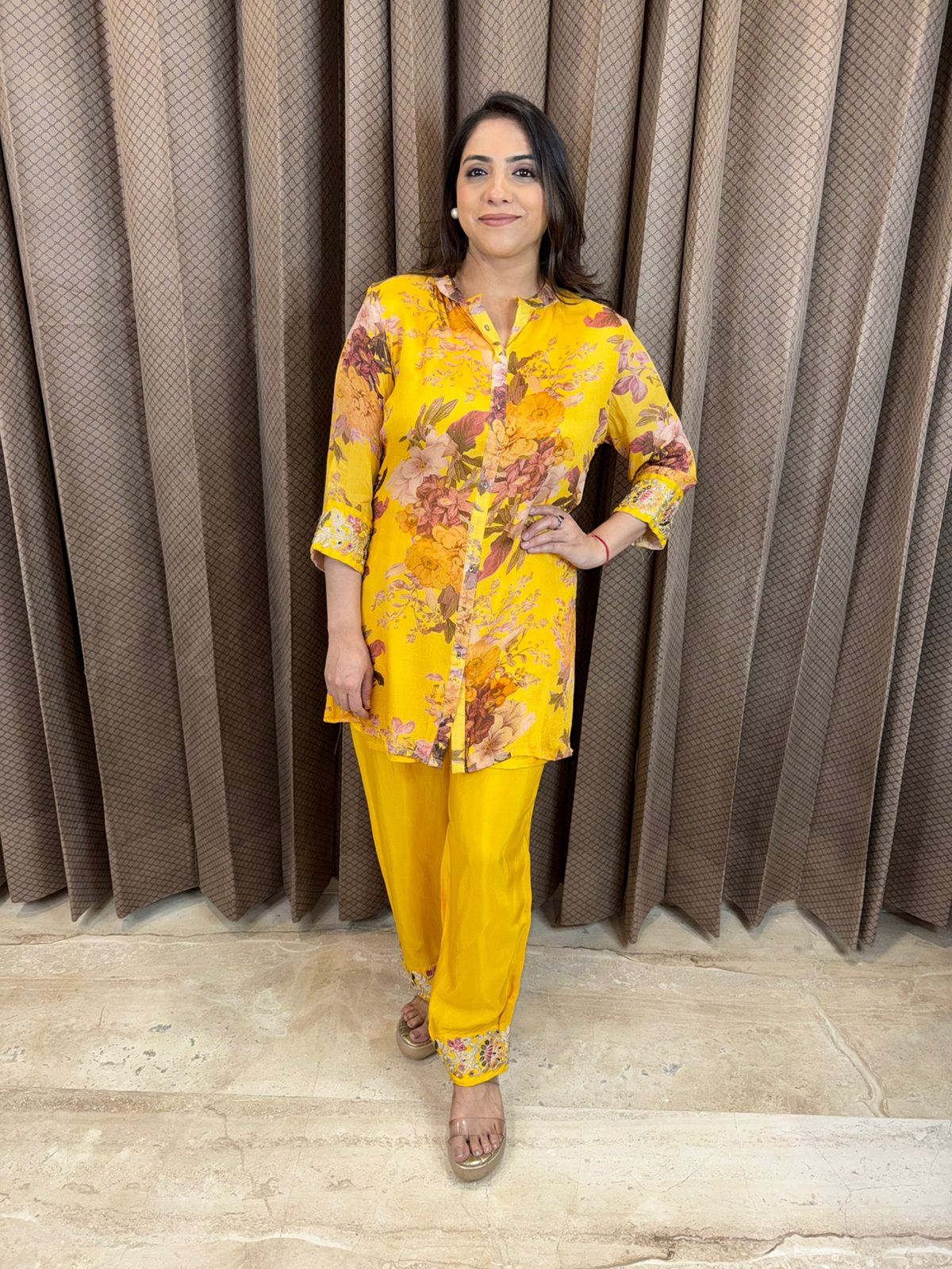 Sunshine Yellow Floral Printed Co-ord Set with Embroidered Hem