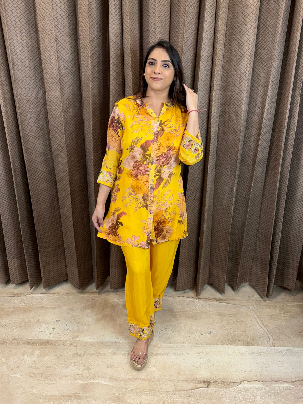 Sunshine Yellow Floral Printed Co-ord Set with Embroidered Hem