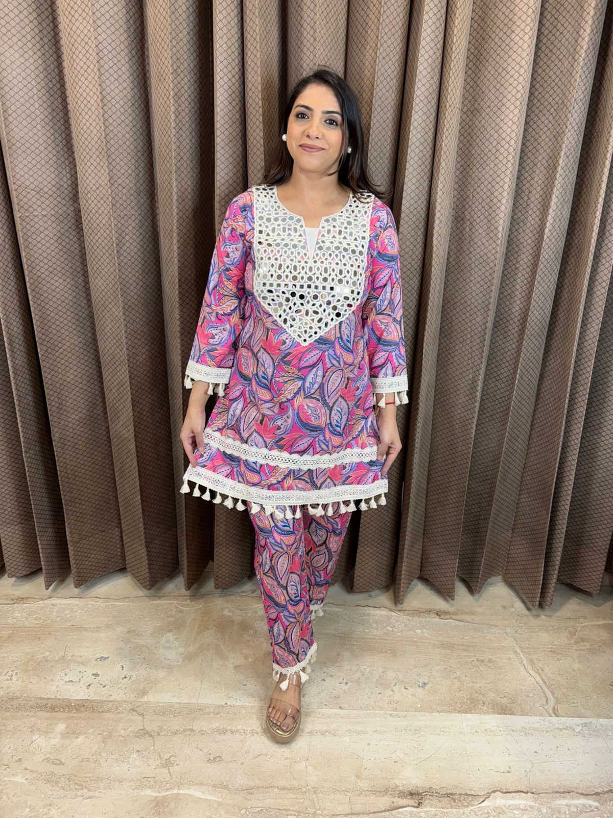 Multicolor Printed Co-ord Set with Mirror Work Yoke & Tassel Detailing