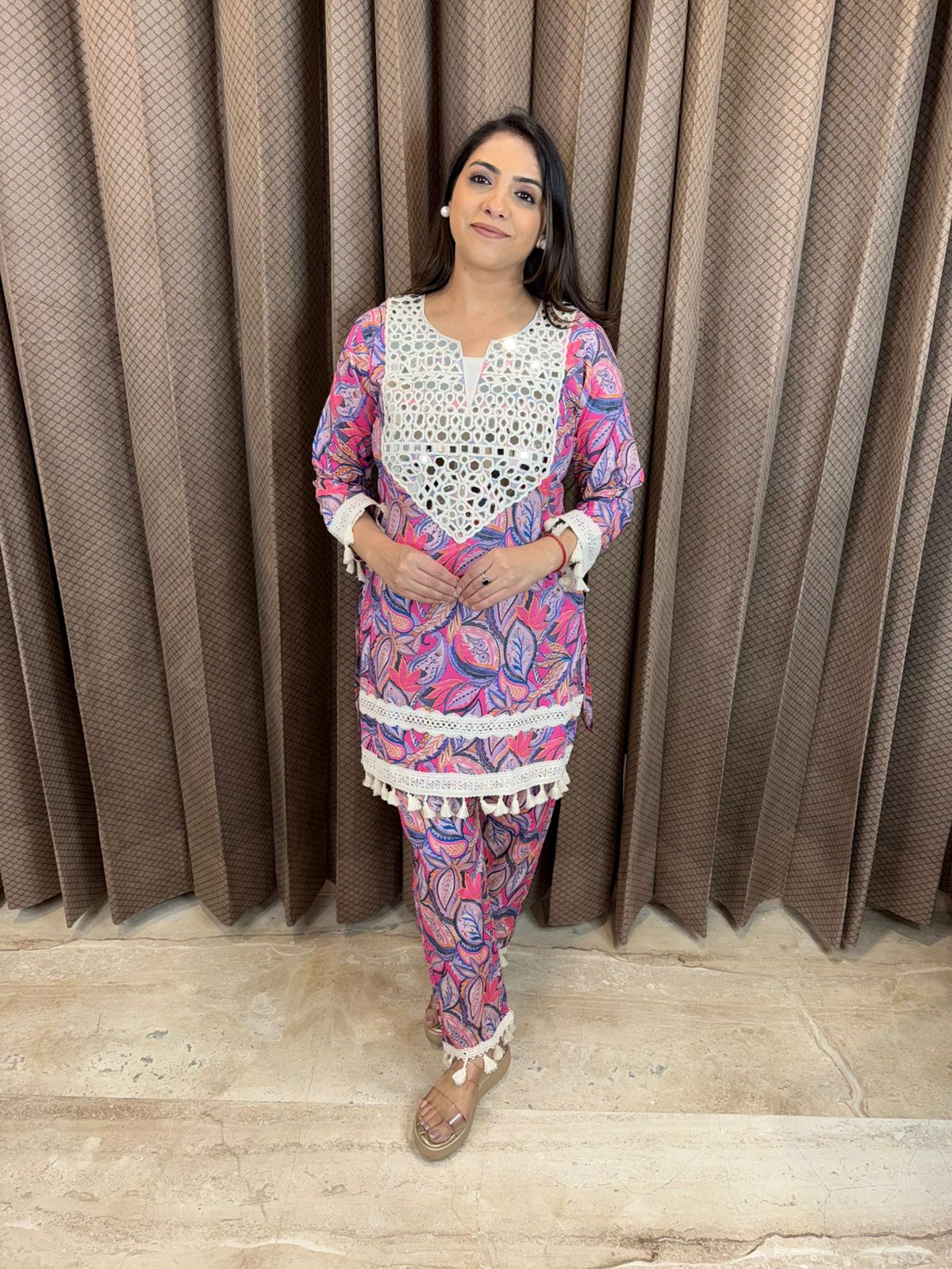 Multicolor Printed Co-ord Set with Mirror Work Yoke & Tassel Detailing
