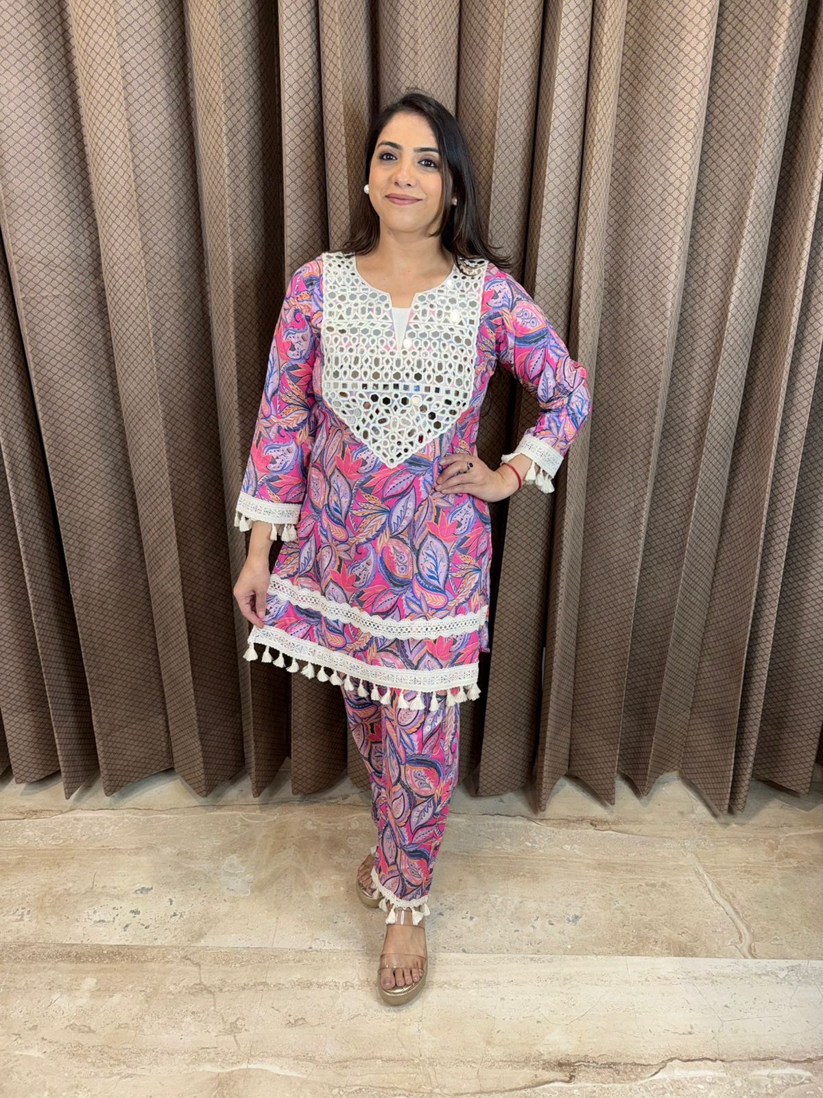 Multicolor Printed Co-ord Set with Mirror Work Yoke & Tassel Detailing