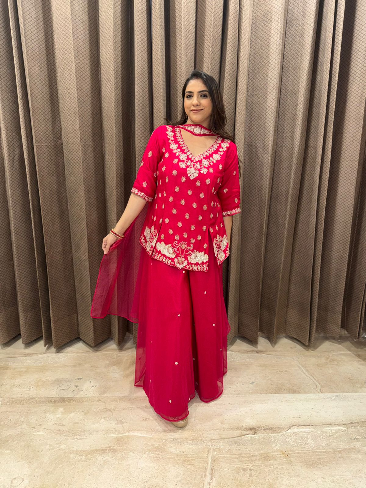 Hot Pink Embroidered Indo-Western Set with Dupatta