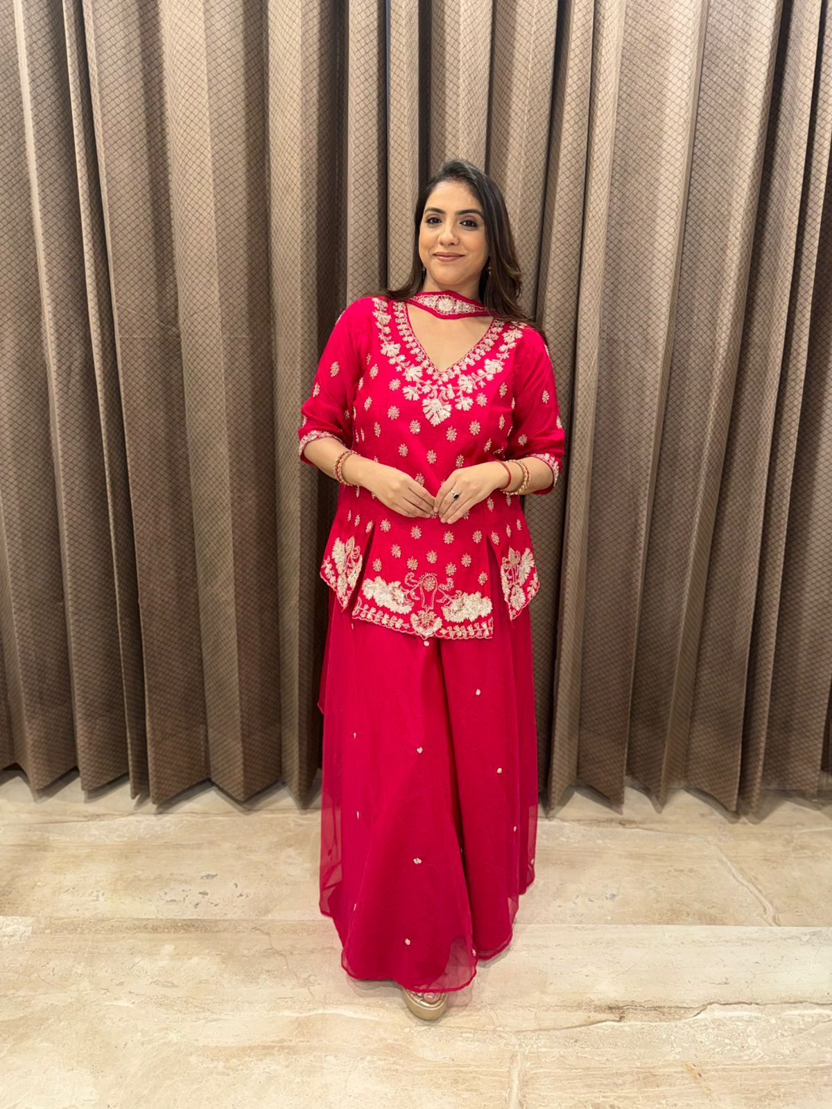 Hot Pink Embroidered Indo-Western Set with Dupatta