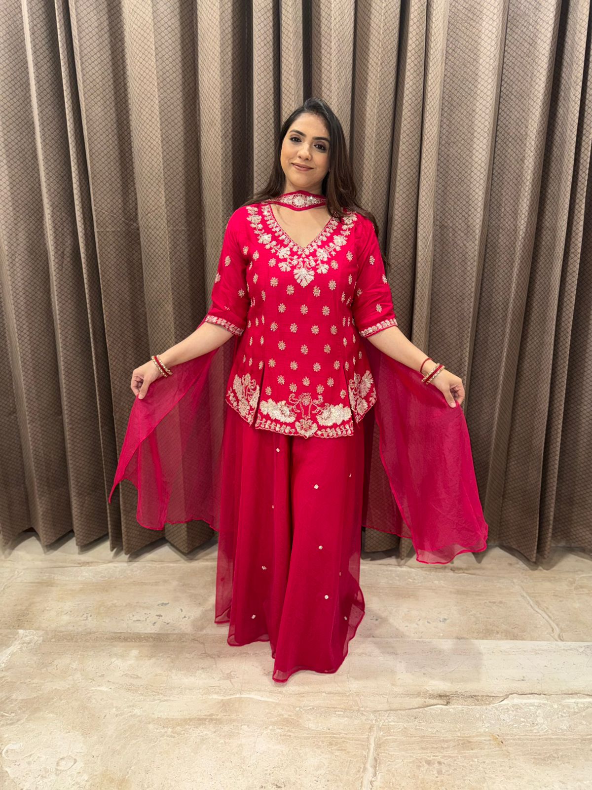 Hot Pink Embroidered Indo-Western Set with Dupatta