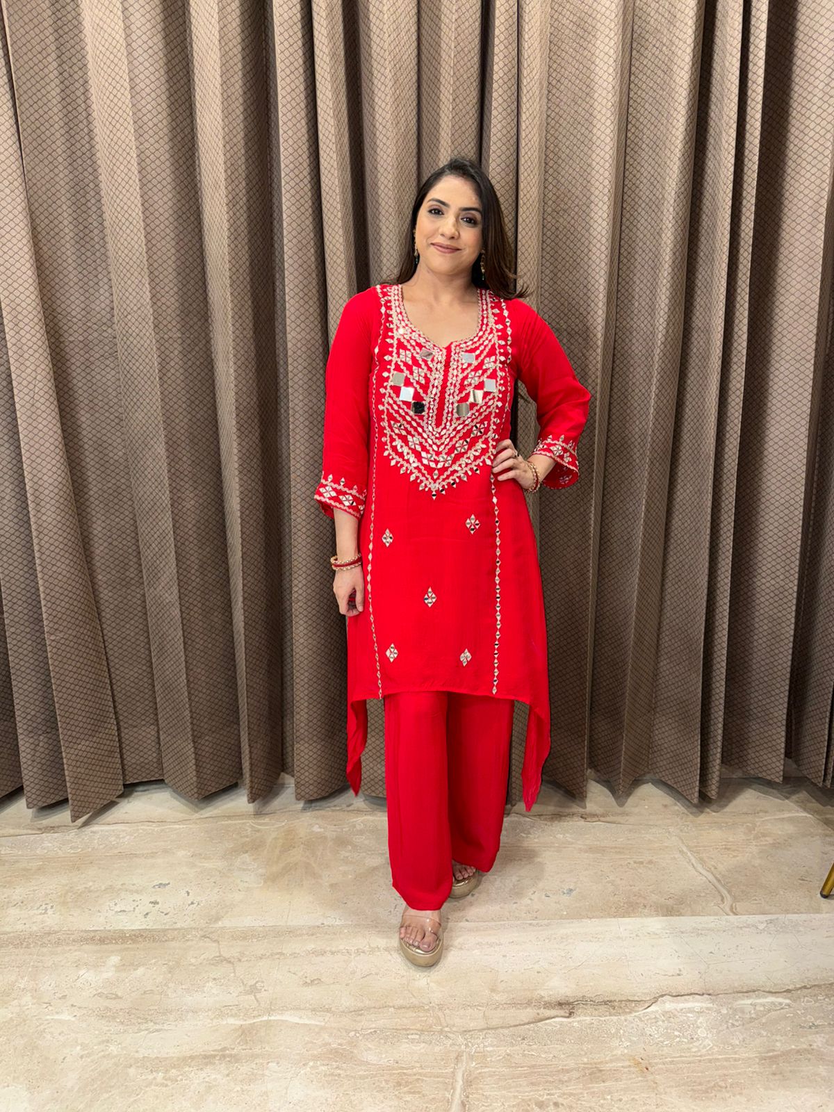 Red Mirror Work Embroidered Kurta Set with Straight Pants