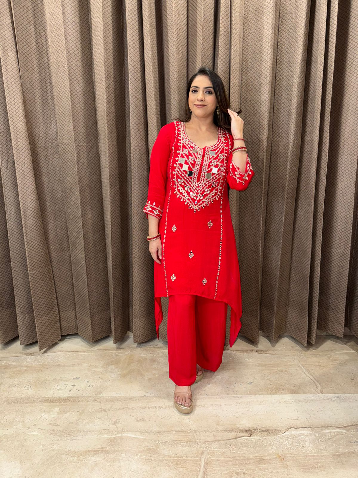 Red Mirror Work Embroidered Kurta Set with Straight Pants