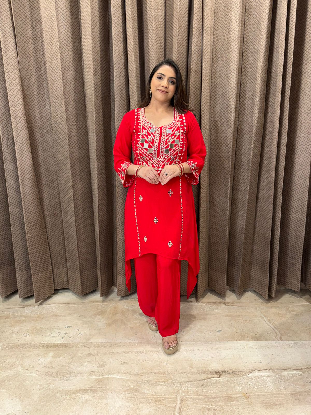 Red Mirror Work Embroidered Kurta Set with Straight Pants