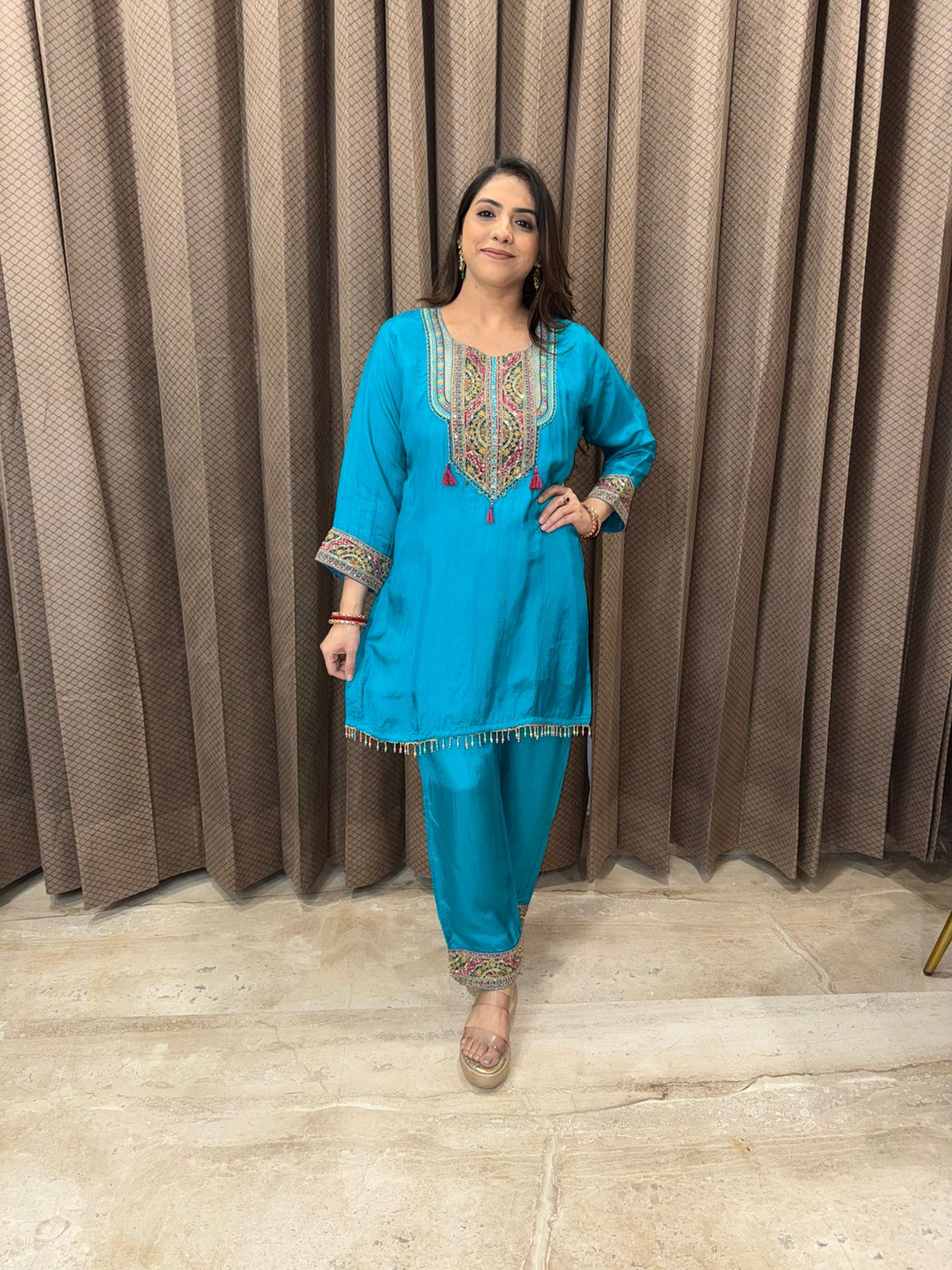 Turquoise Blue Embroidered Co-ord Set with Tapered Pants
