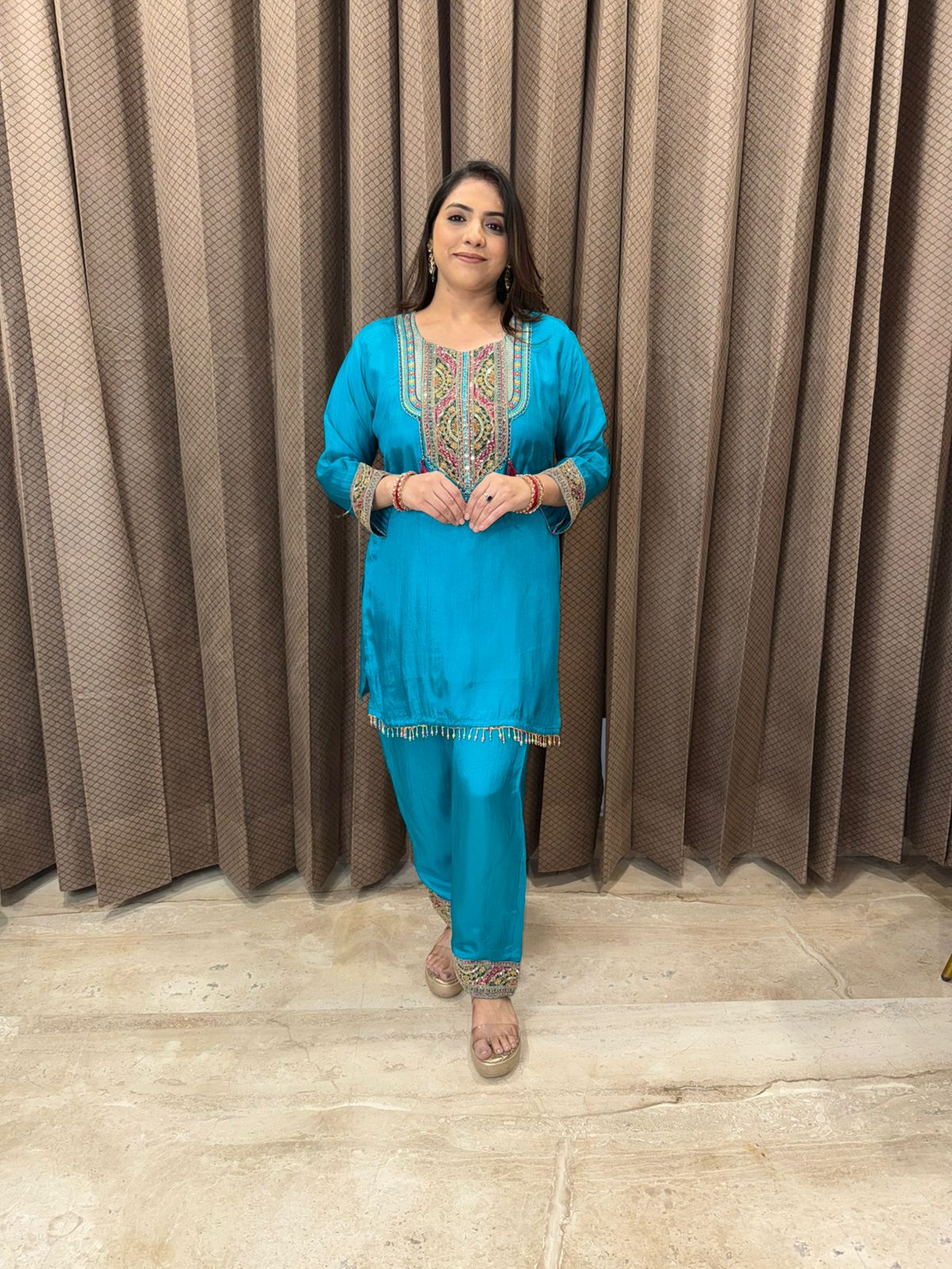 Turquoise Blue Embroidered Co-ord Set with Tapered Pants