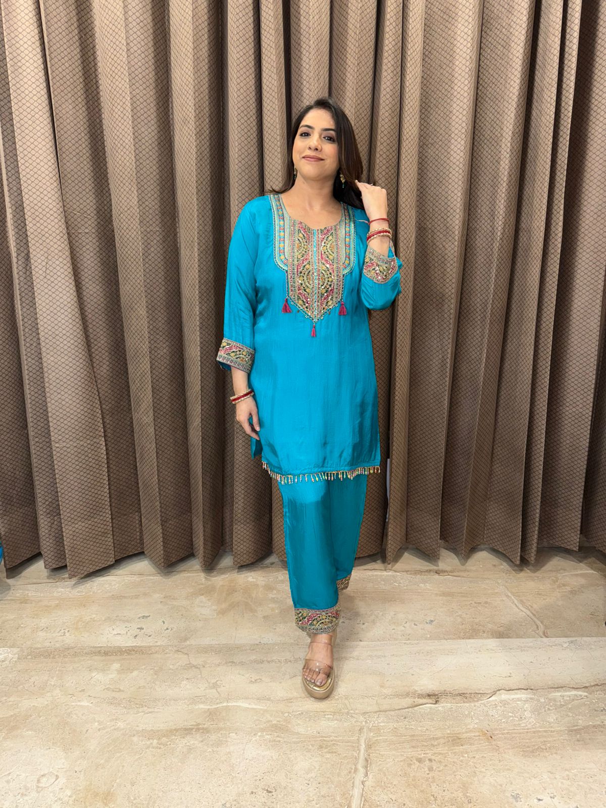 Turquoise Blue Embroidered Co-ord Set with Tapered Pants