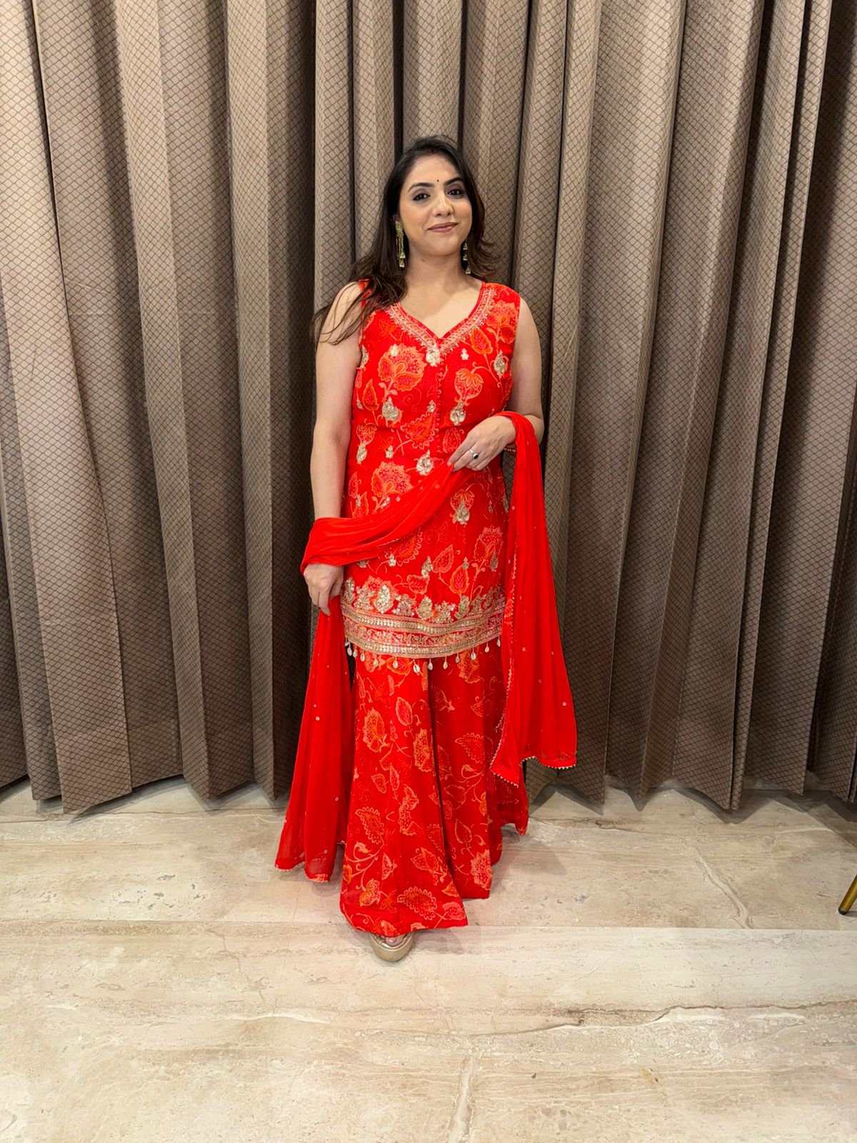 Elegant Redish Orange Embroidered Sharara Suit with Dupatta