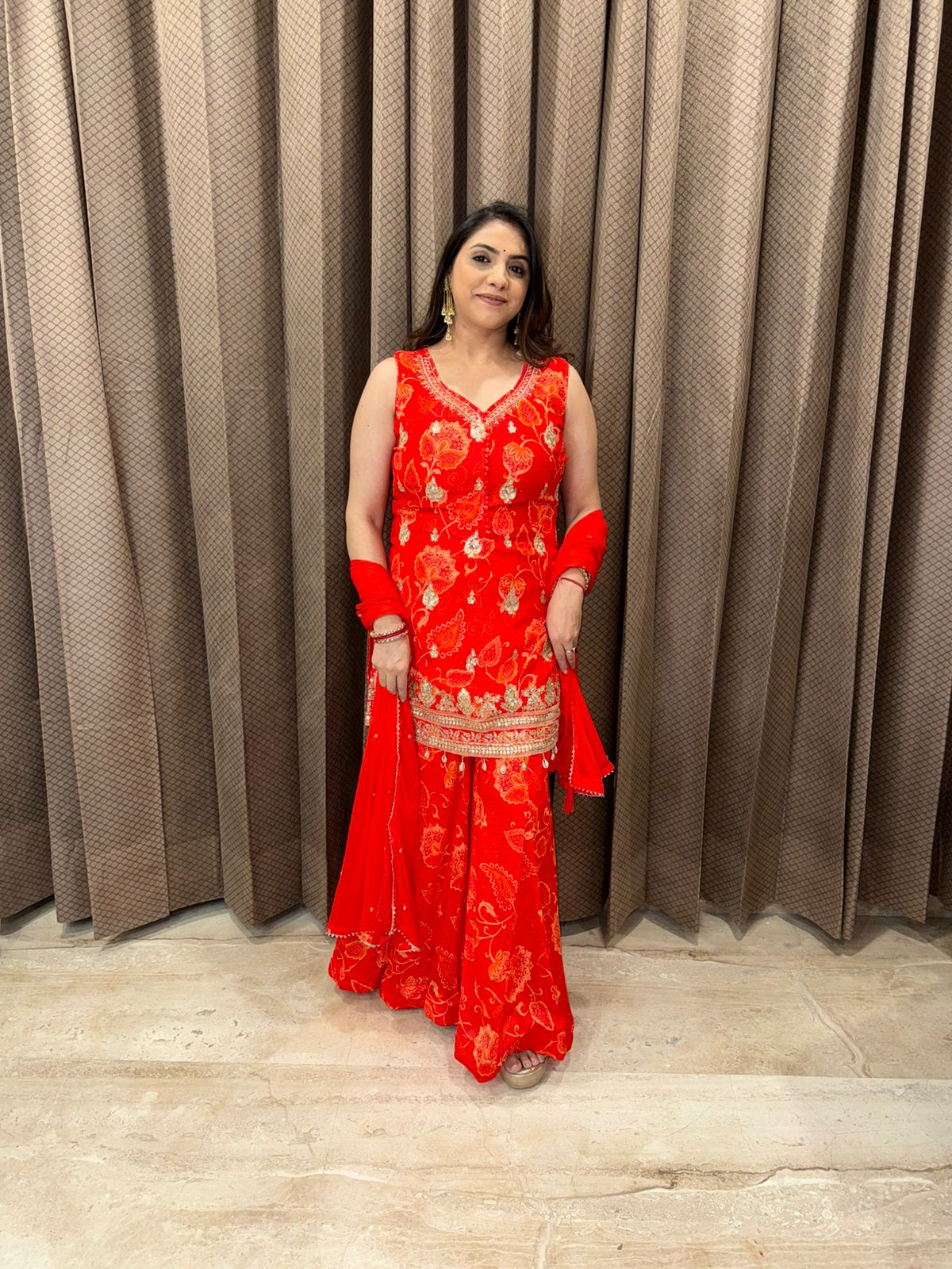 Elegant Redish Orange Embroidered Sharara Suit with Dupatta