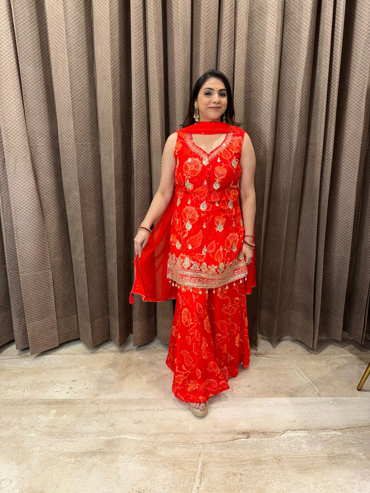 Elegant Redish Orange Embroidered Sharara Suit with Dupatta