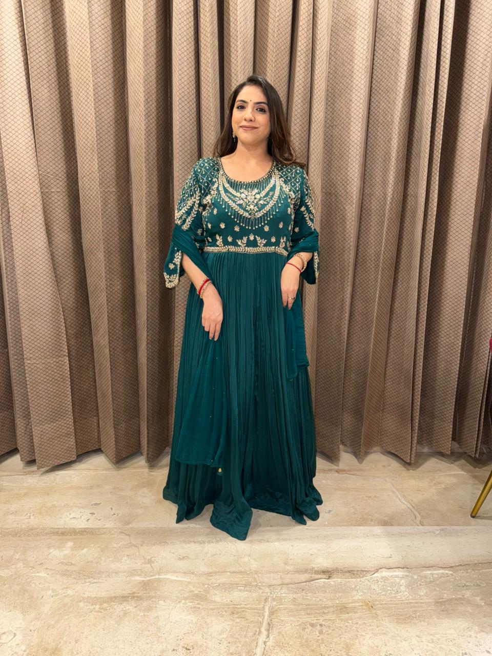 Designer Bottle Green Anarkali Gown with Embellished Embroidery