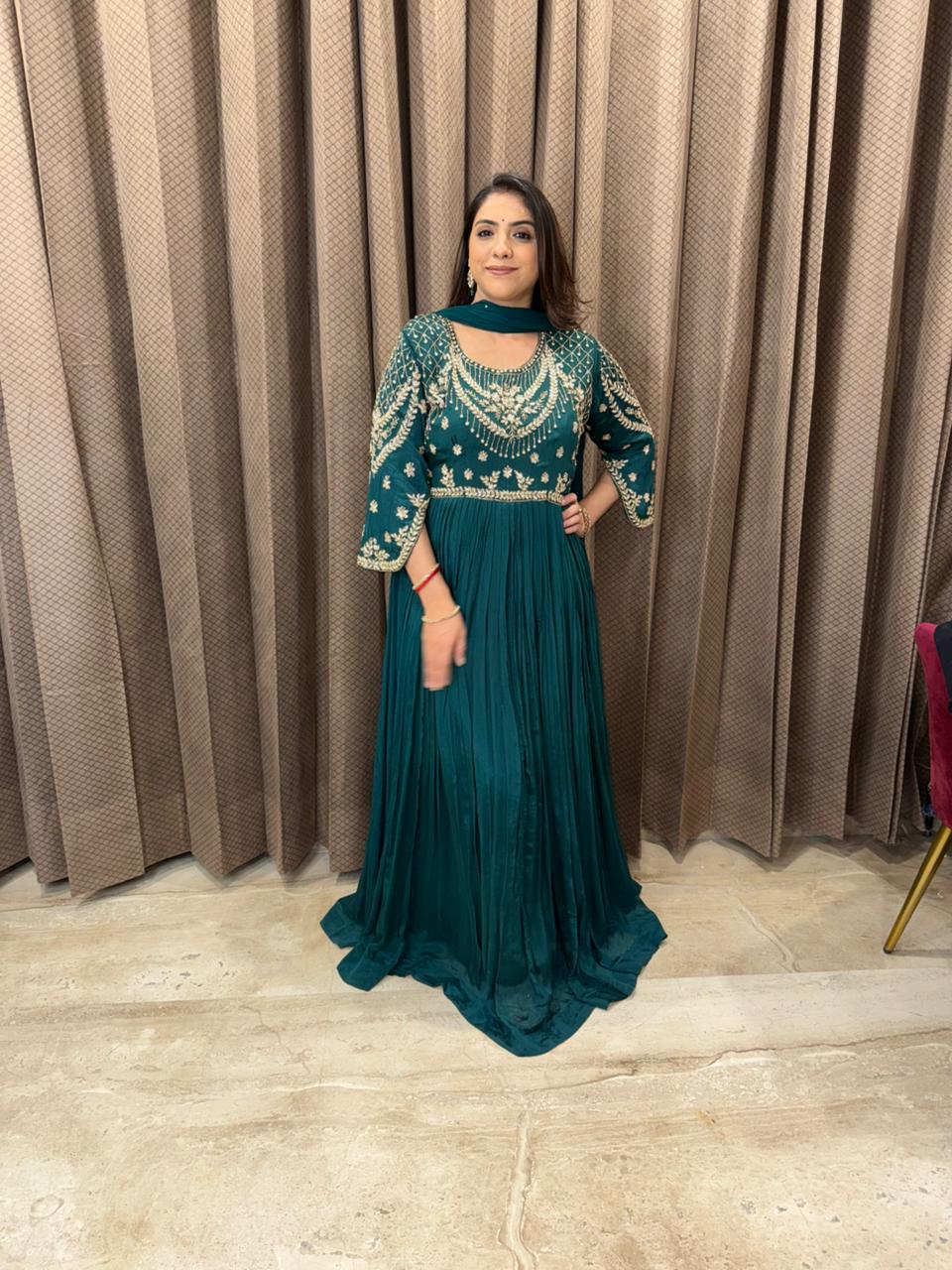 Designer Bottle Green Anarkali Gown with Embellished Embroidery