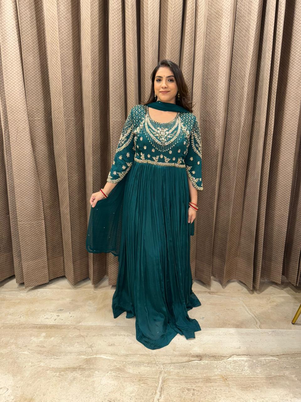 Designer Bottle Green Anarkali Gown with Embellished Embroidery