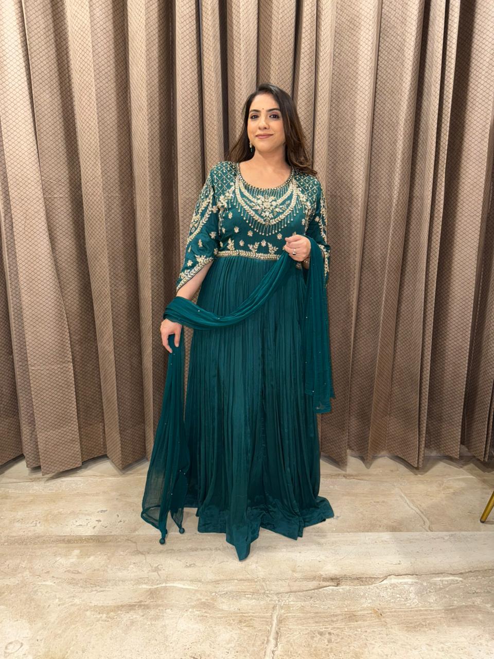 Designer Bottle Green Anarkali Gown with Embellished Embroidery