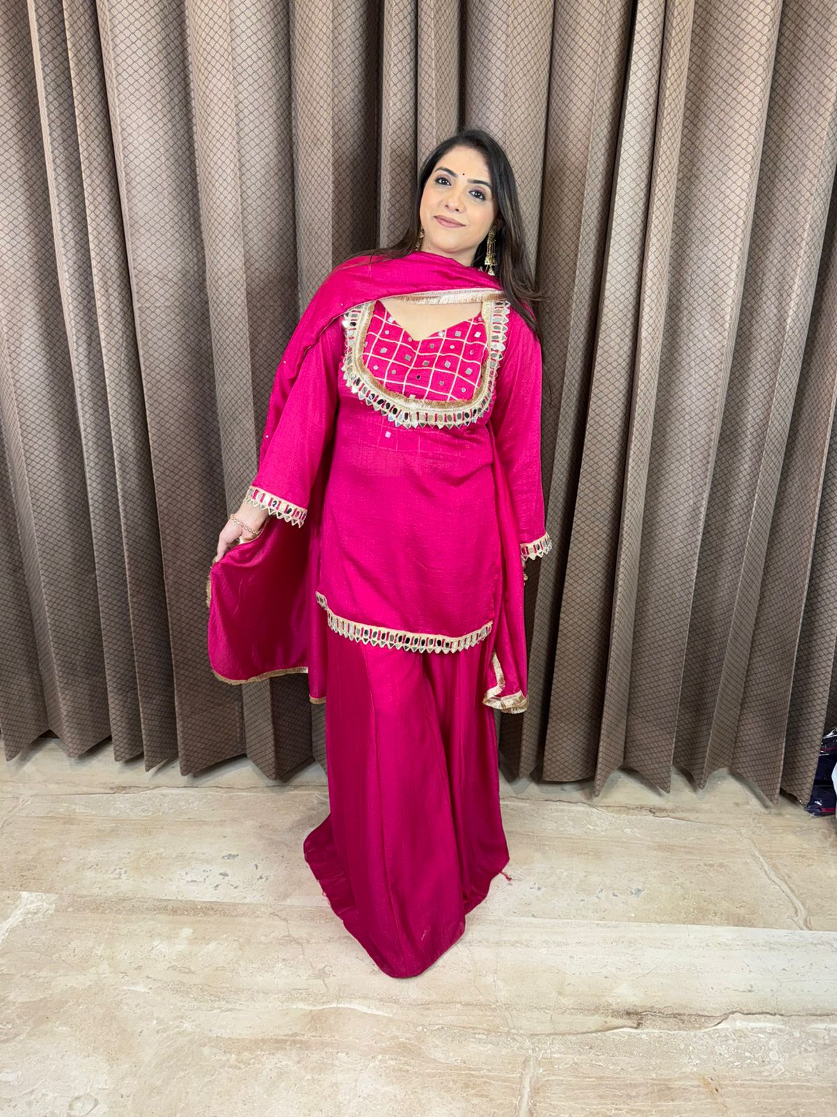 Stylish Pink Sharara Suit with Mirror Work Detailing