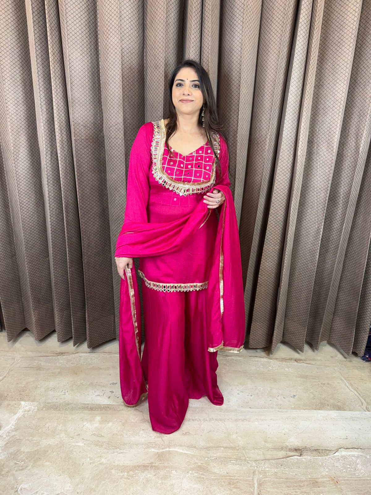 Stylish Pink Sharara Suit with Mirror Work Detailing