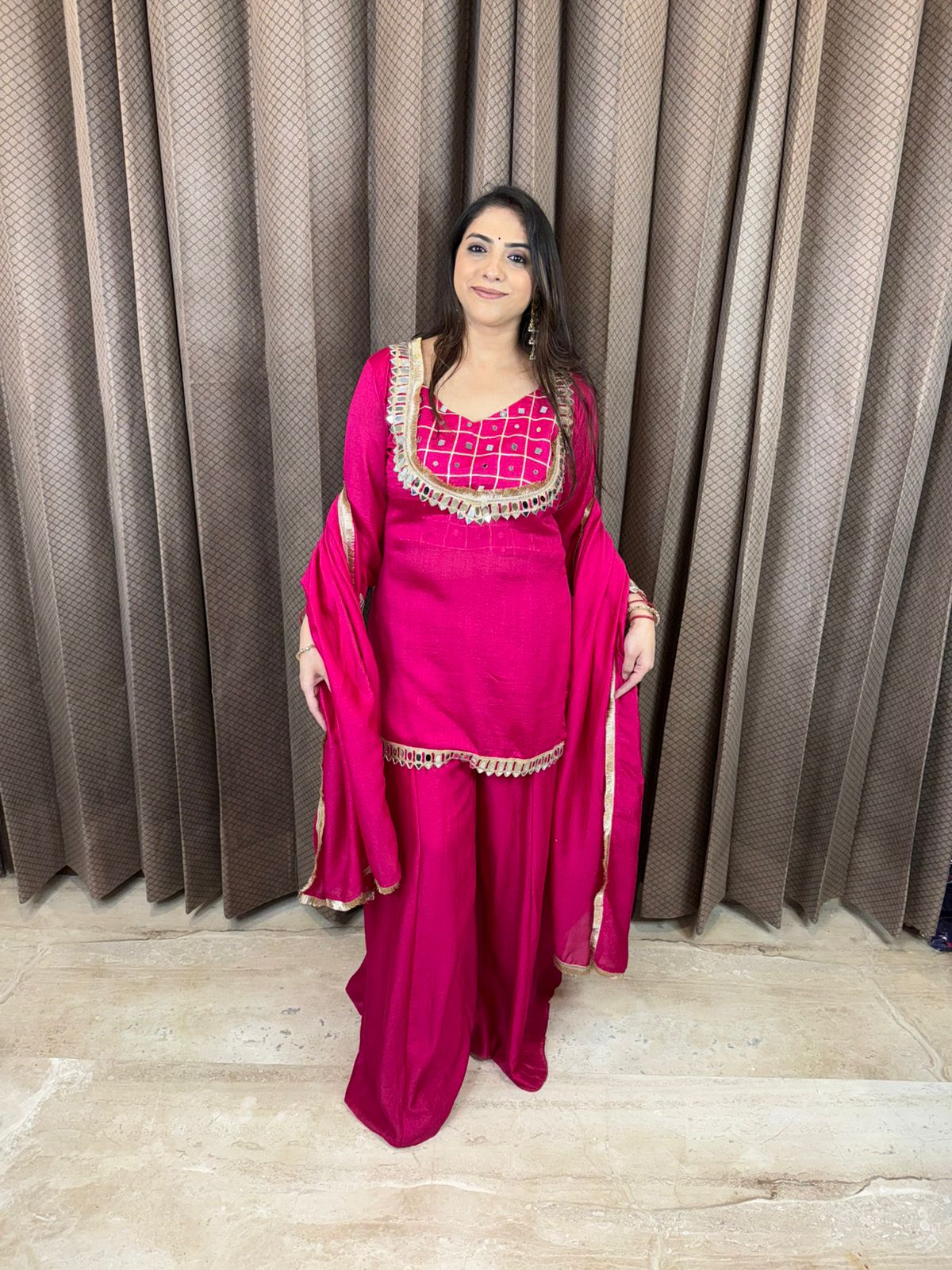 Stylish Pink Sharara Suit with Mirror Work Detailing