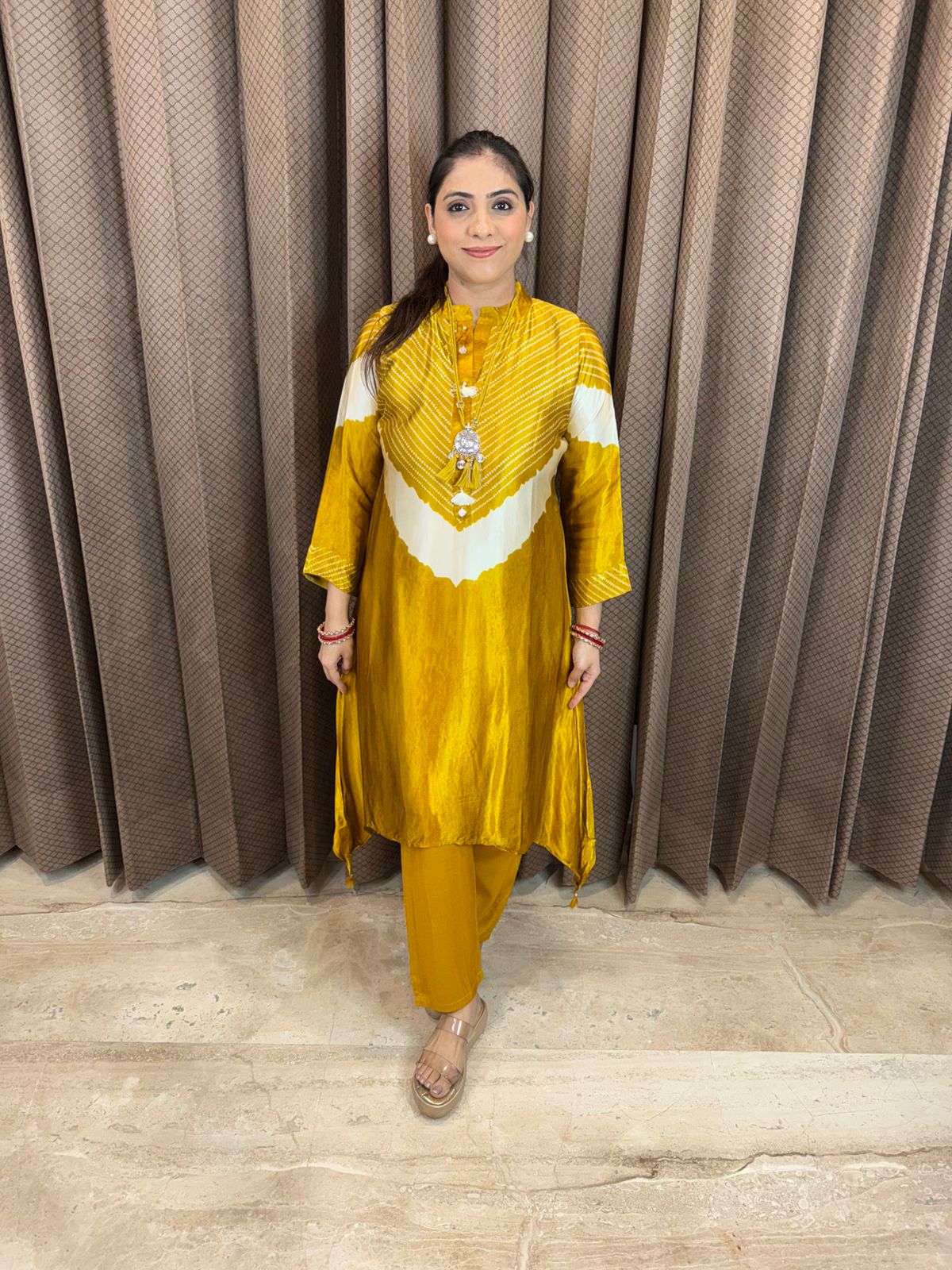 Golden Bandhani Pattern Kurta Set with Tassel Detailing