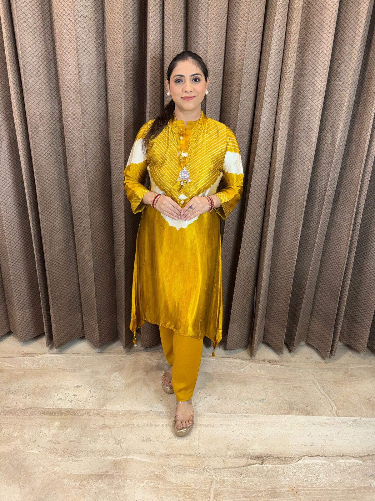 Golden Bandhani Pattern Kurta Set with Tassel Detailing