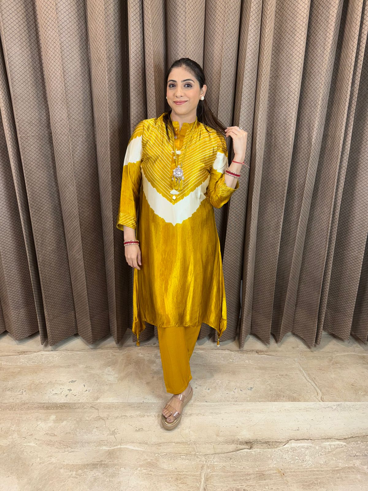 Golden Bandhani Pattern Kurta Set with Tassel Detailing