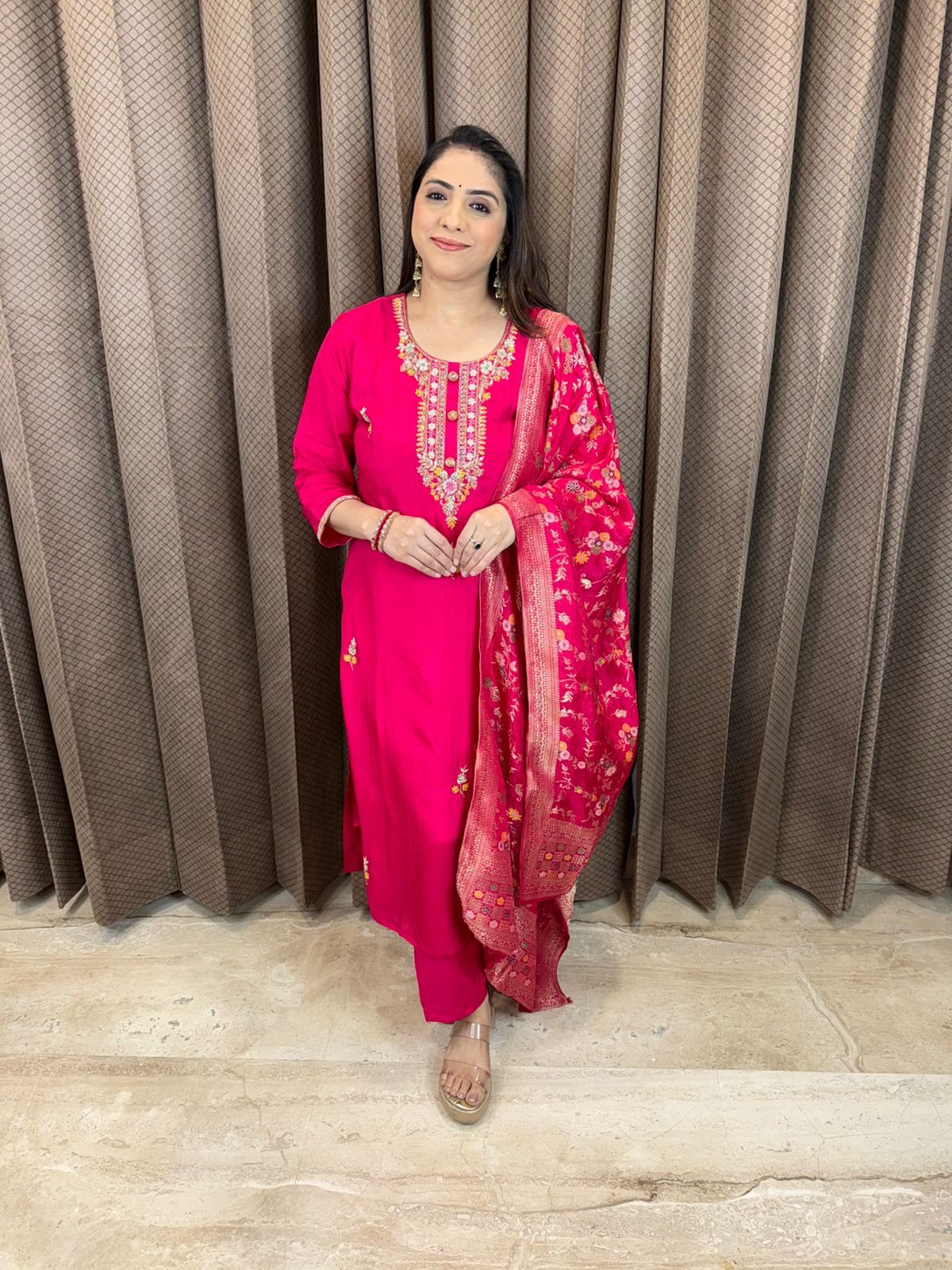 Elegant Pink Embroidered Kurta Set with Banarsi Dupatta