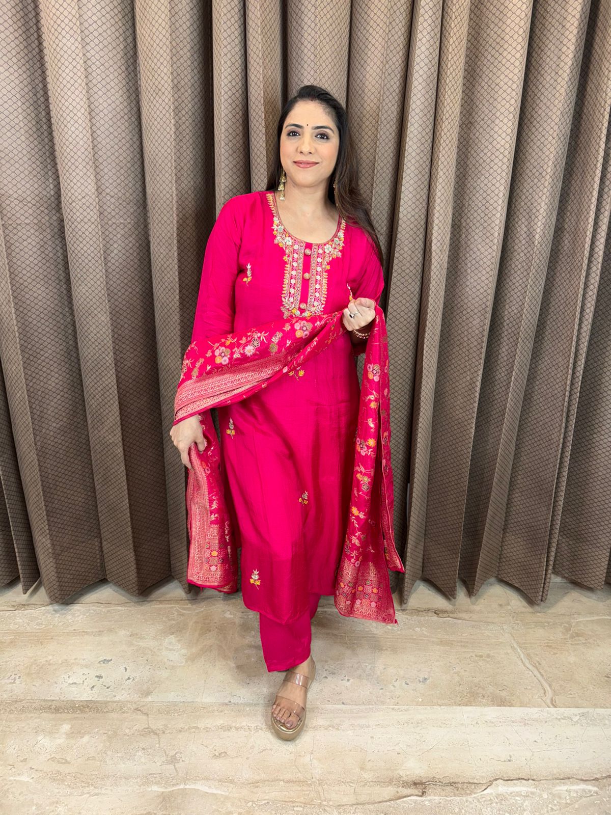 Elegant Pink Embroidered Kurta Set with Banarsi Dupatta