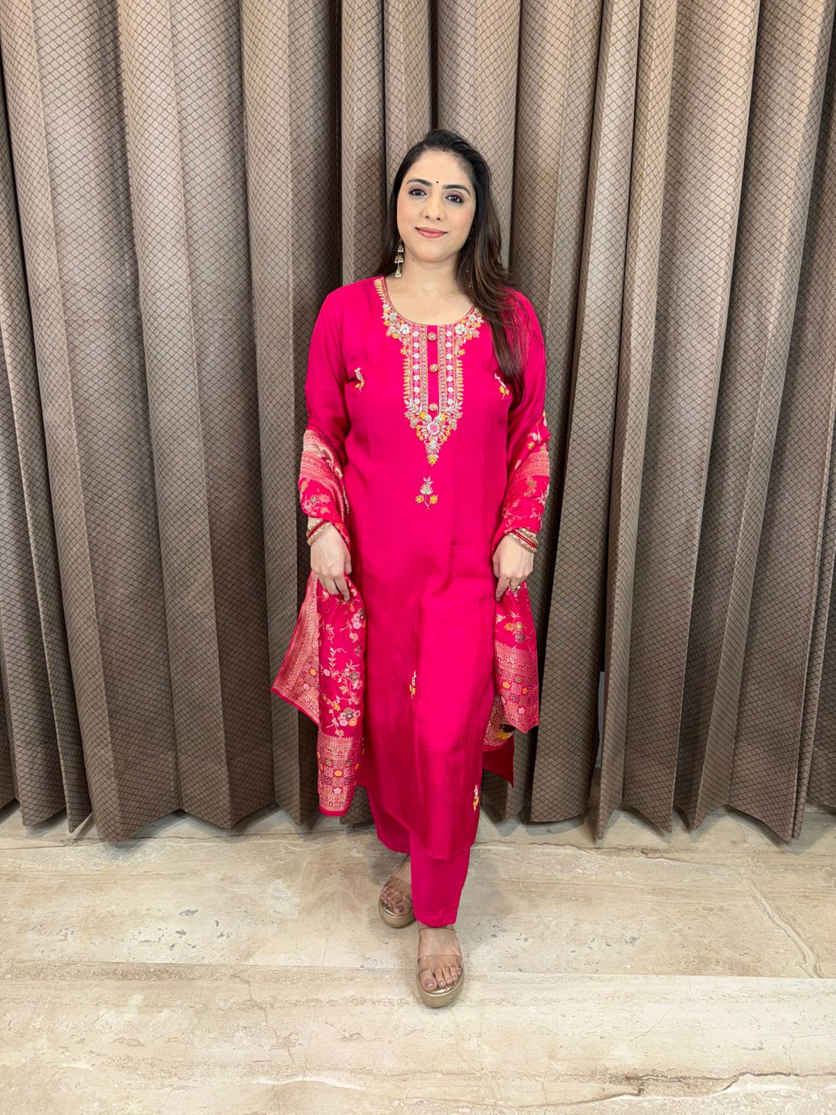 Elegant Pink Embroidered Kurta Set with Banarsi Dupatta