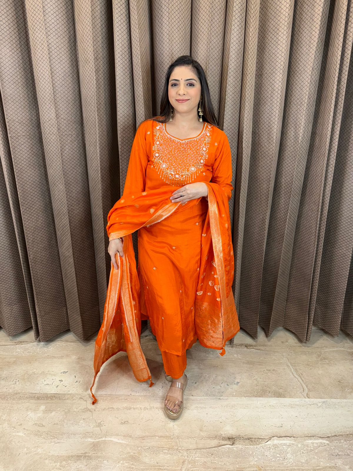Vibrant Orange Hand Work Kurta Set with Dupatta
