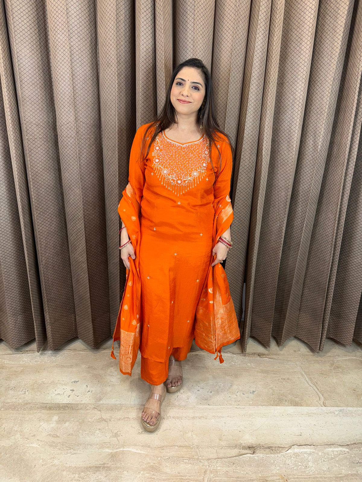 Vibrant Orange Hand Work Kurta Set with Dupatta