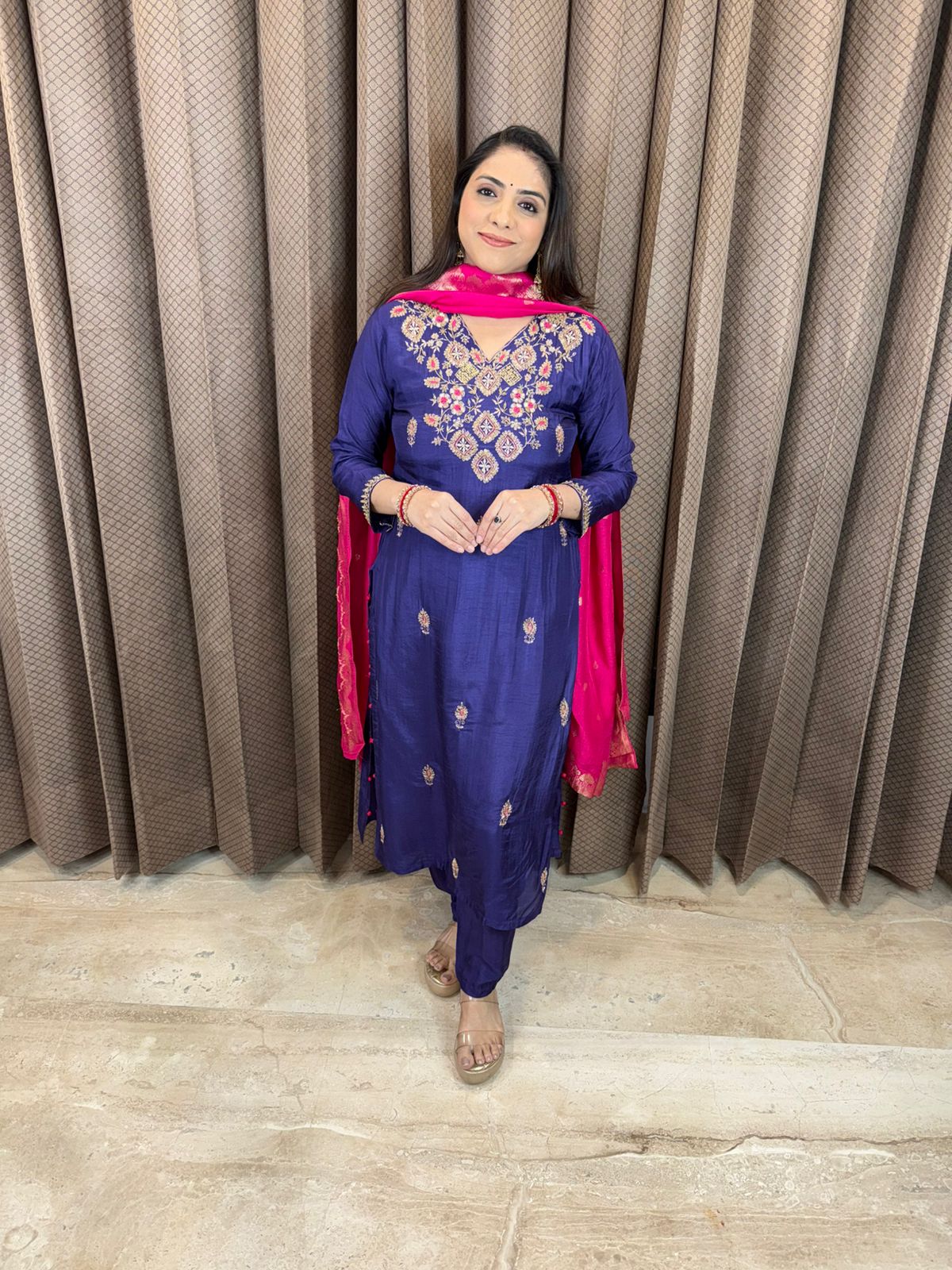 Purple Embroidered Kurta Set with Contrast Pink Dupatta