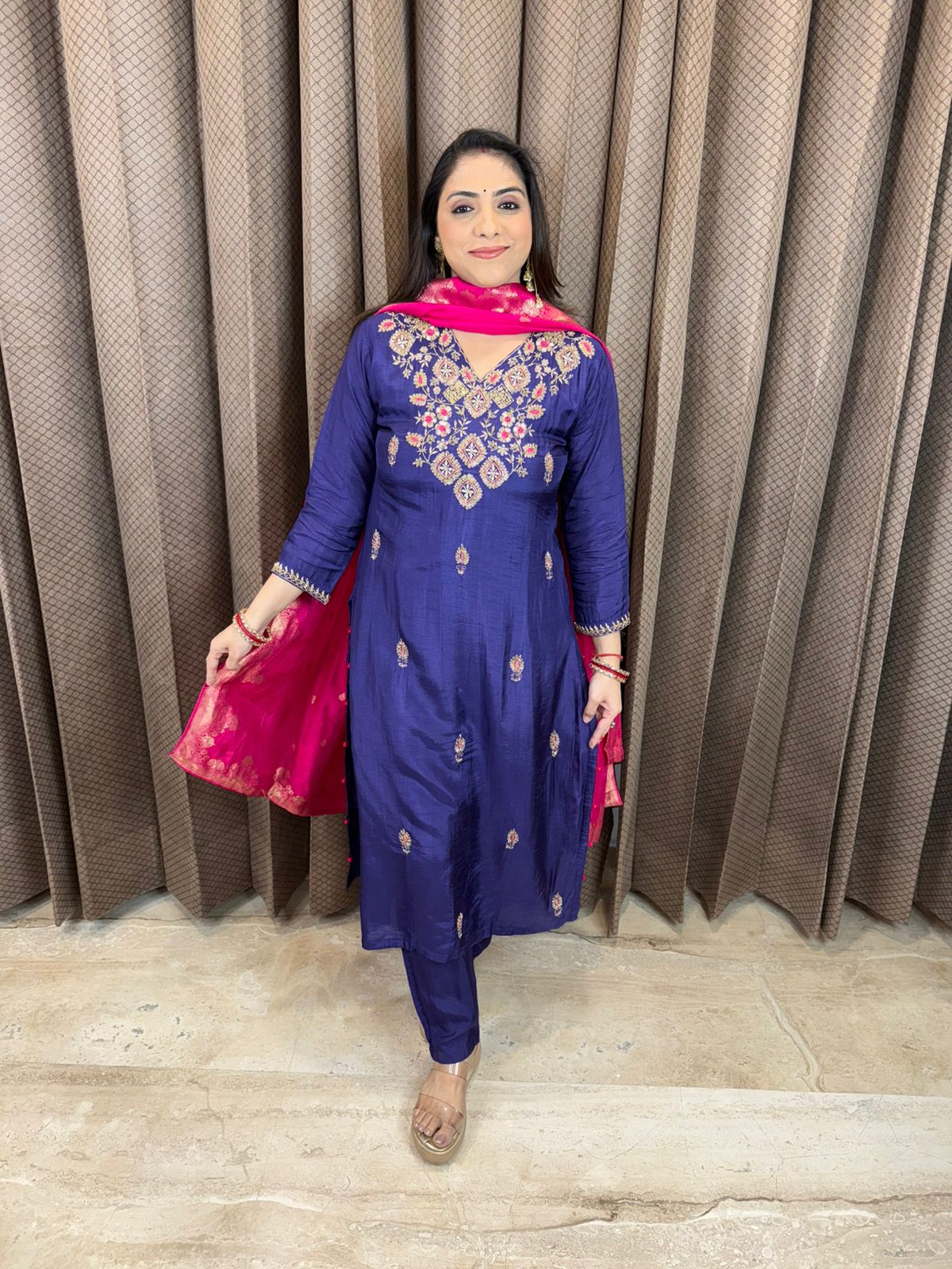 Purple Embroidered Kurta Set with Contrast Pink Dupatta