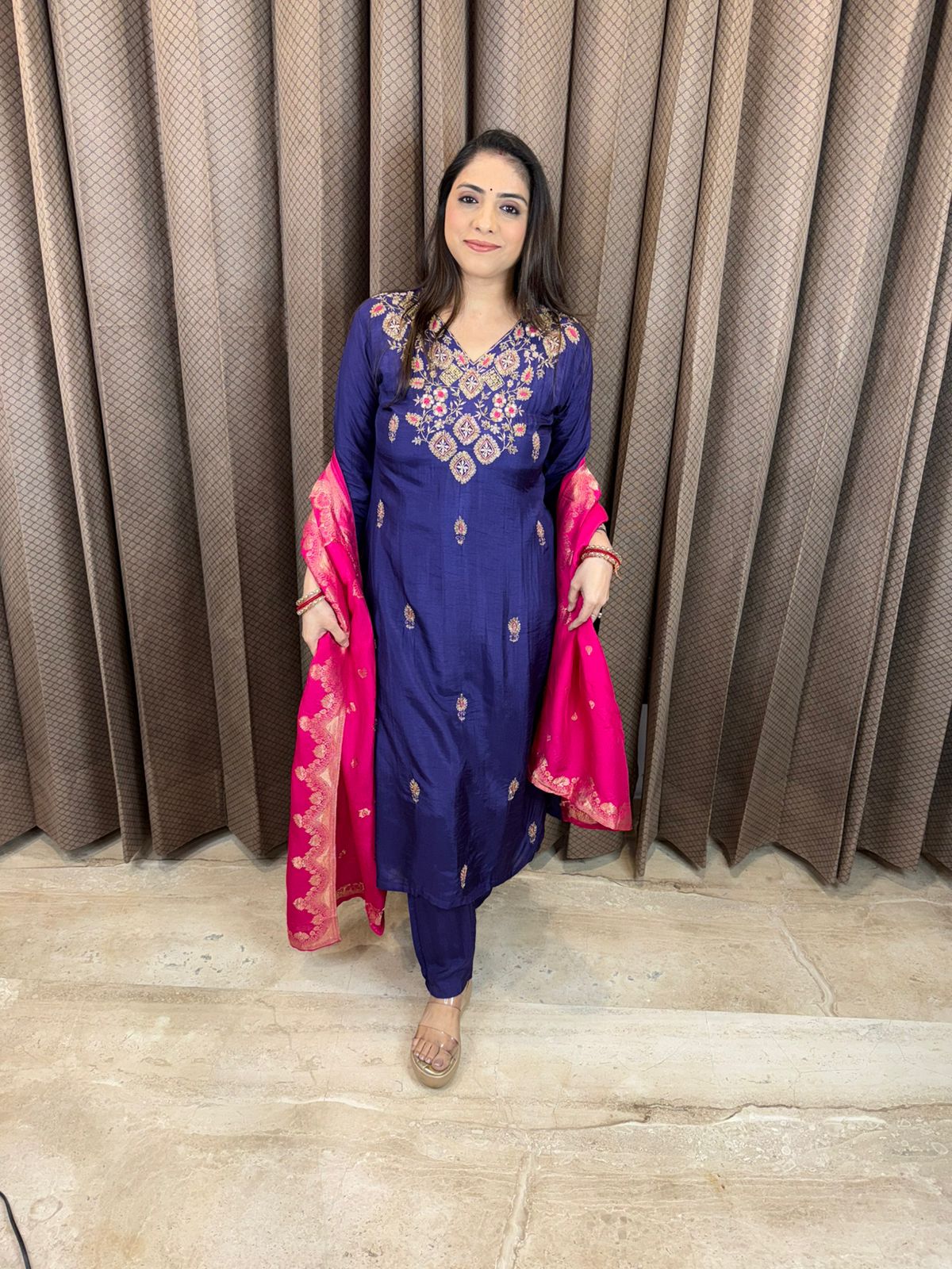 Purple Embroidered Kurta Set with Contrast Pink Dupatta