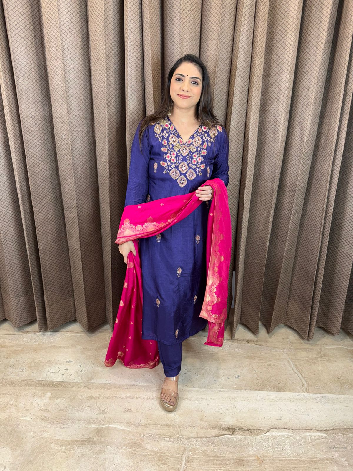 Purple Embroidered Kurta Set with Contrast Pink Dupatta