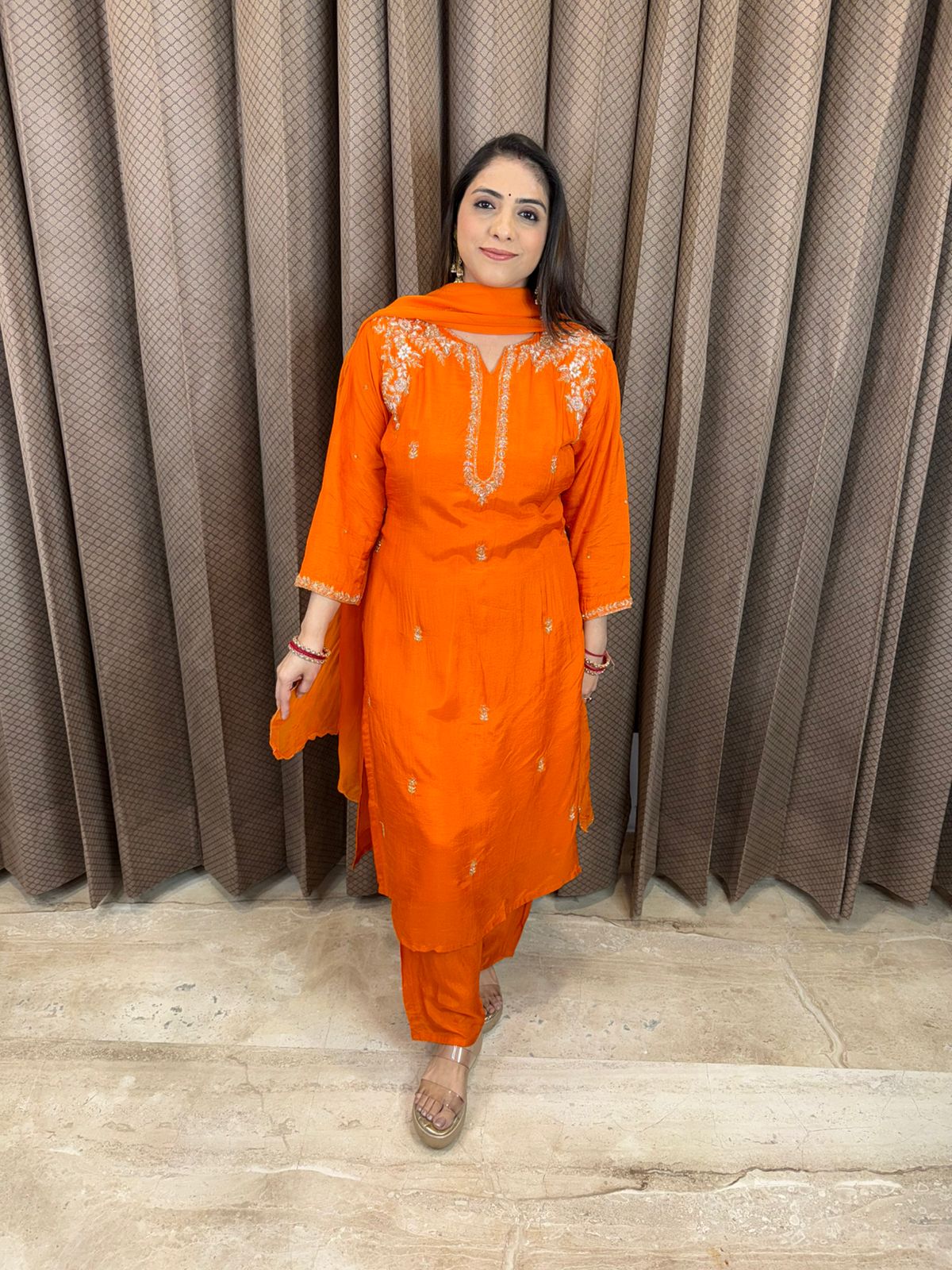 Bright Orange Embroidered Kurta Set with Matching Dupatta