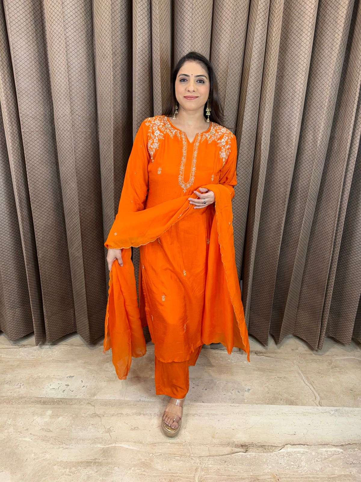 Bright Orange Embroidered Kurta Set with Matching Dupatta