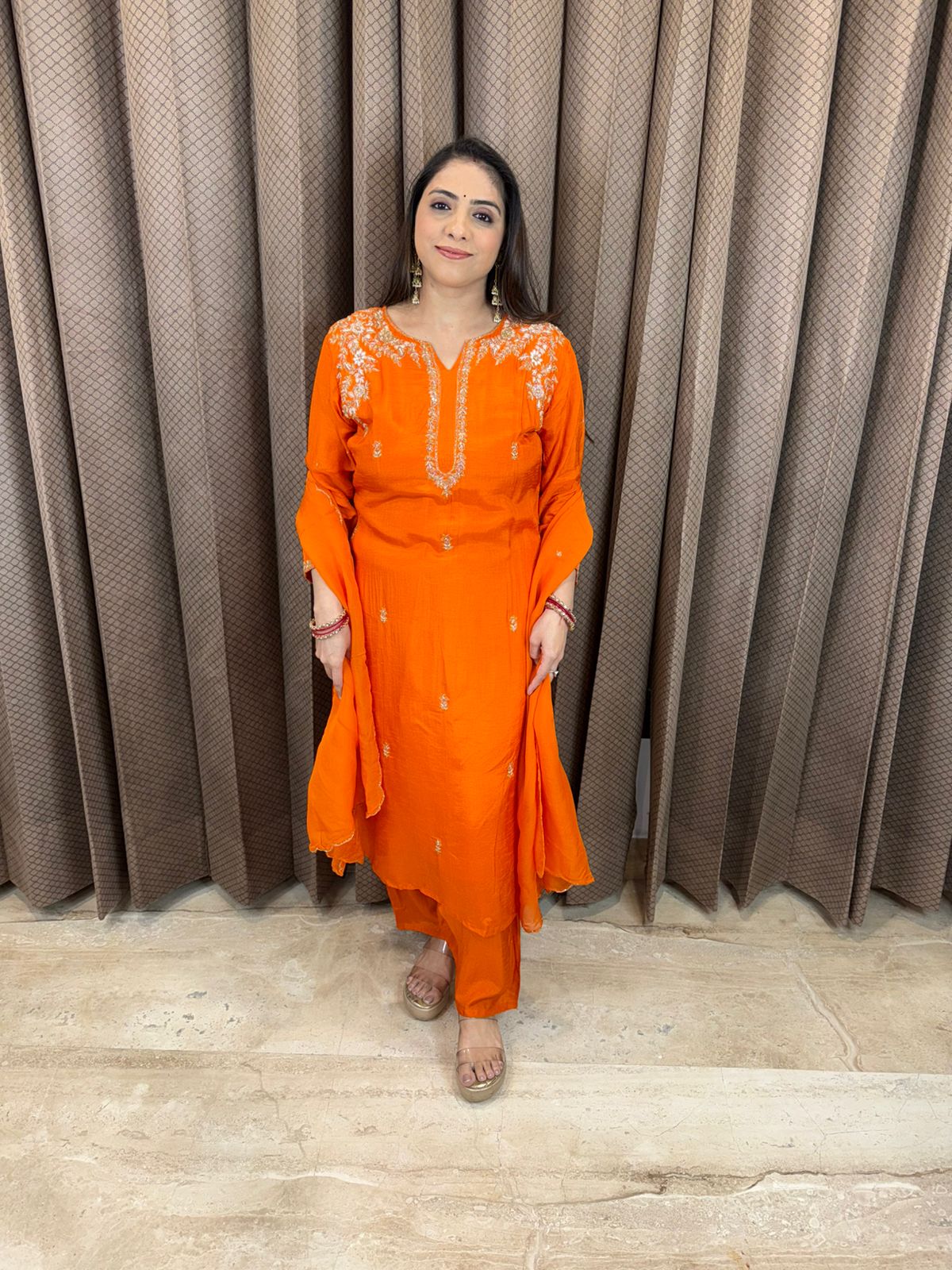 Bright Orange Embroidered Kurta Set with Matching Dupatta