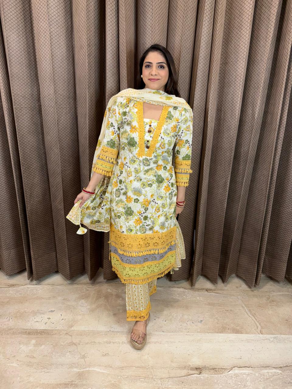Floral Printed Kurta Set with Yellow Lace Detailing and Dupatta