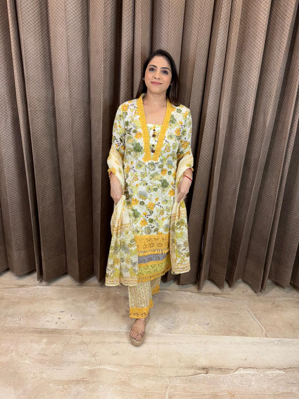 Floral Printed Kurta Set with Yellow Lace Detailing and Dupatta