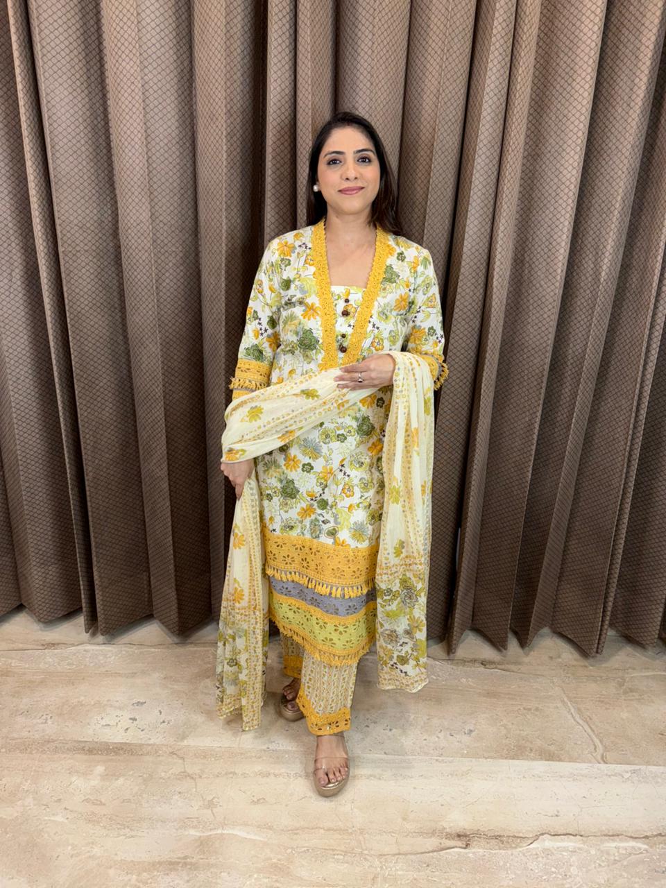 Floral Printed Kurta Set with Yellow Lace Detailing and Dupatta